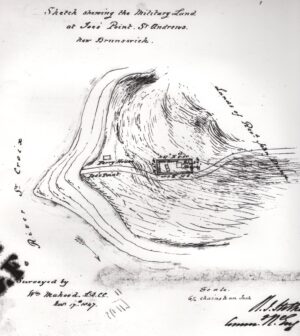 Sketch of Joe's Point in 1847, showing the military fortifications existing at that time, done by surveyor William Mahood. Library Archives Canada: F/240/St. Andrews/1856.