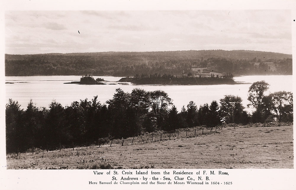 St. Croix Island, in the St. Croix River, seen from the New Brunswick side. Charlotte County Archives, P69.116.