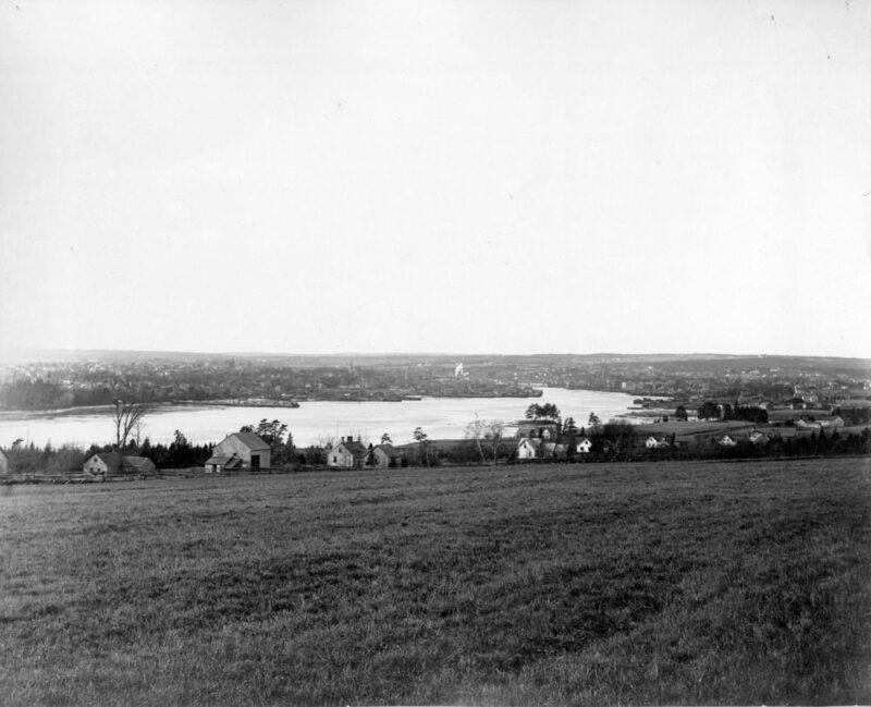 A view of the St. Croix River dividing Canada and the United States, overlooking St. Stephen and Calais. Photographed by D. Will McKay ca. 1890. Charlotte County Archives, P751.065